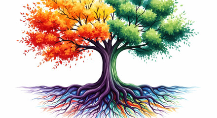 Fototapeta premium A vibrant tree of life representing the four seasons with colorful roots, a concept vector illustration