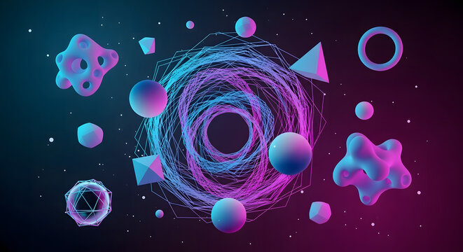 Cosmic Geometric Abstract Art with Floating Shapes and Nebula Vortex