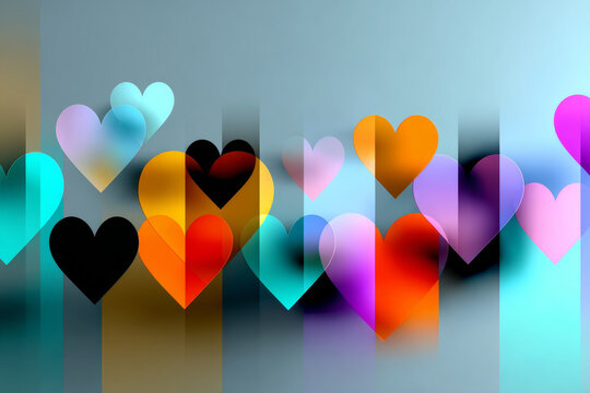 Colorful heart shapes in a vibrant abstract design with soft gradients and layers