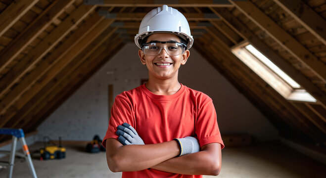 Confident young boy in a hard hat and safety glasses smiling at the camera. Child builder in an unfinished attic during a home improvement project