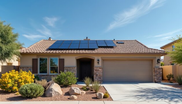 Tan house features solar panels on roof in desert climate. Property has green eco lawn replacement xeriscaping and rock landscaping. Blue sky. Sustainable future shows renewable electric power.