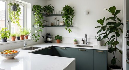 Fototapeta premium Sleek green kitchen, minimalist design, abundant houseplants, countertop, foliage 