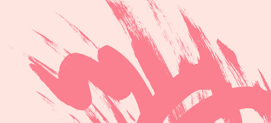 Abstract vector squiggle curve pastel coral pink brush strokes on peach background. Grunge artistic red wavy and sumi-e scribble paintbrush splash spray texture for trendy banner, poster design