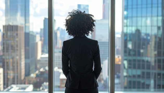 Back view of business woman standing in front of large office window, cityscape in background