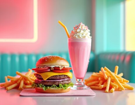 Double cheeseburger with fries and pink strawberry milkshake in retro diner. People enjoy classic fast food, nostalgic cafe atmosphere with neon lights. Teenagers eat meal, couple date.