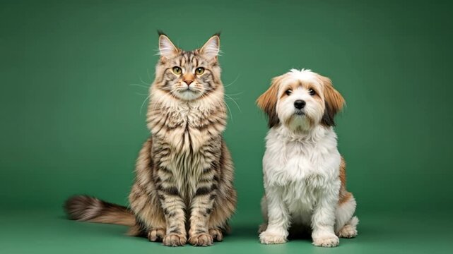 Majestic Maine Coon Cat and Adorable Havanese Puppy Posed Together.