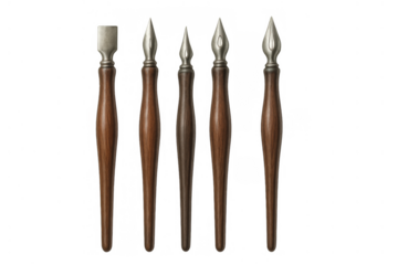 Calligraphy dip pen set with vintage wooden handles and metal nibs, illustrating art, writing, and drawing tools on transparent background