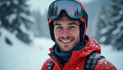 closeup portrait of man wearing red jacket and pair ski goggles