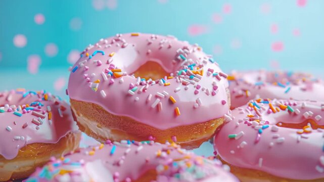 A delightful collection of donuts coated in vibrant pink icing and adorned with a rainbow assortment of sprinkles, captured against a cheerful blue backdrop.