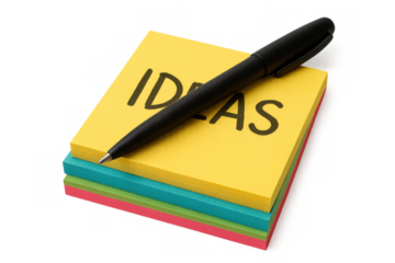 Stack of colorful sticky notes with ideas written, a pen resting, brainstorming and innovation concept, transparent background