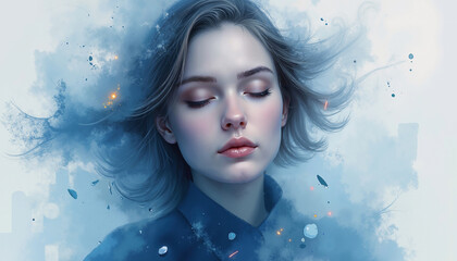 digital portrait of young woman with eyes closed and head tilted slightly to side