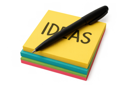 Stack of colorful sticky notes with ideas written, a pen resting, brainstorming and innovation concept, transparent background