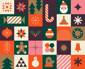 Vector Advent Calendar, Merry Christmas poster, printable template with Xmas elements in modern minimalist style. Holiday season, Trendy, contemporary abstract design. 