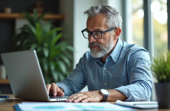 Focused mature man works on laptop at workplace. He analyzes charts, data, types. Senior pro busy with computer indoors. Businessman works from home, improves productivity. - Powered by Adobe