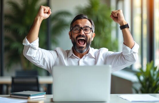 Man celebrates success reading good news on phone. Businessman cheers at laptop in office, excited for achievement and victory. Excited man works on computer desktop, looking at screen.