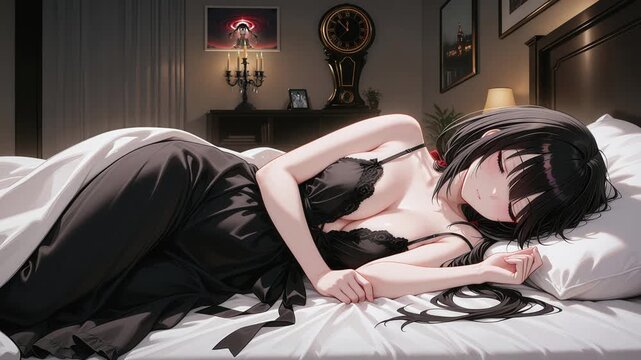 Sleeping anime girl in a black dress, animated anime wallpaper for PC