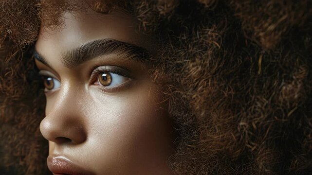 Striking portrait with an ethereal quality featuring a person with vibrant eyes and bold makeup set against a blurred background.