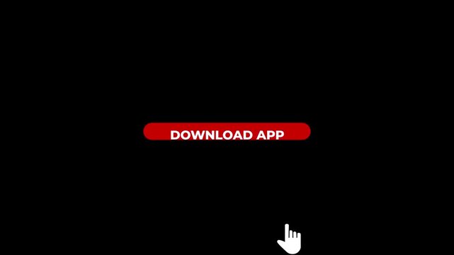 Red download app button with white hand cursor on black background click