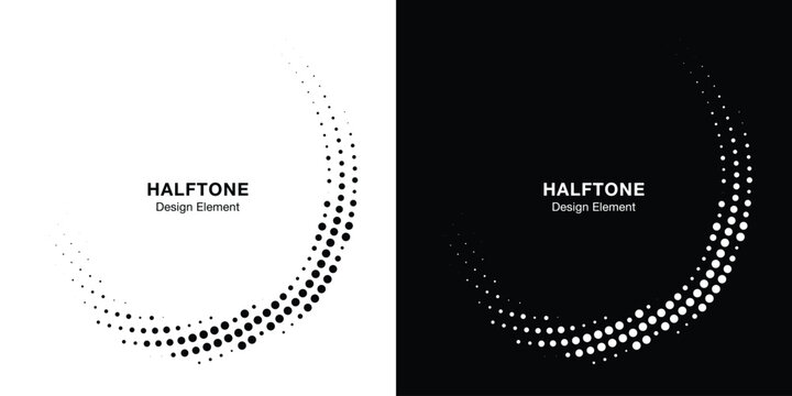 Halftone Circular Dot Pattern. Circle Frame using Halftone Dots Texture. Polka Dots. Spiral logo. Radial design element. Vector