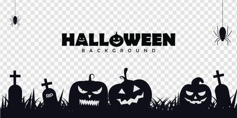 Obraz premium modern halloween silhouette border frame with cemetery and pumpkins on transparent background.halloween footer banner design decoration