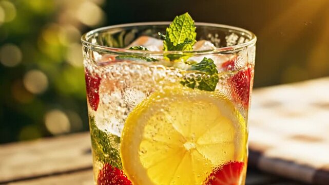 A glass drink with lemon slice mint leaves and red berries likely a summer refresher