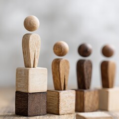 Wooden Figures on Cubes, Creative Display, Indoor Setting, Minimalist Style