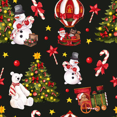 Seamless pattern with watercolor hand draw Christmas toys, snowman, candy, ball, snowflakes, teddy bear, winter window, isolated on colored background