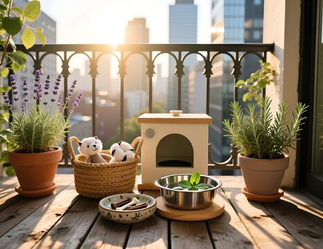 Golden sunlight on an urban apartment balcony set up for a pet with herbs, toys, and a small dog house.