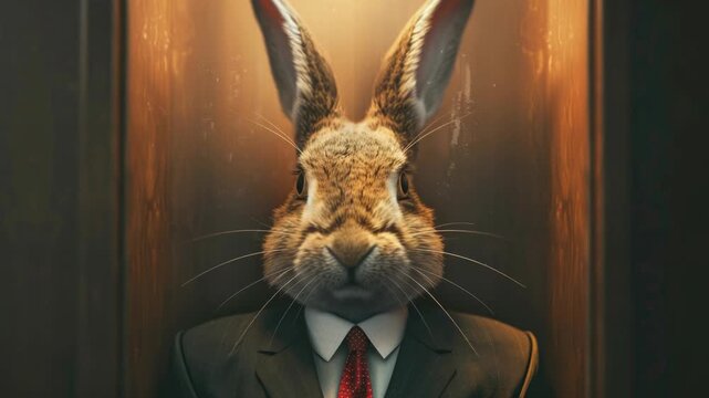 of a rabbit wearing a suit and tie standing in an office setting.