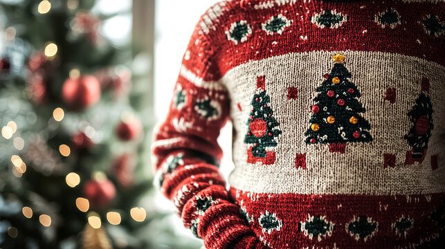 Festive ugly Christmas sweater with tree pattern and blurred decorated tree in background