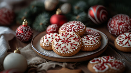 Festive Christmas Cookies With Red And White Icing And Holiday Decorations