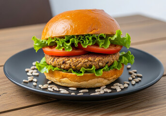 sunflower vegan burger on ceramic plate with seeds on rustic table