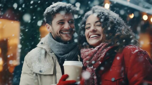 Two happy people sharing a warm moment in snowy weather