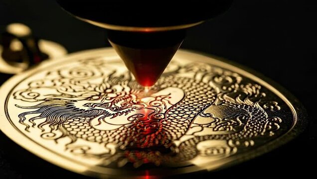 Precision Laser Engraving on a Detailed Dragon Coin.