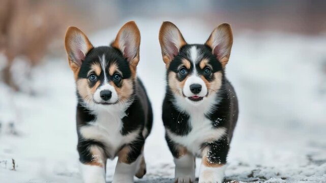 Two adorable corgis playing together in the snow.