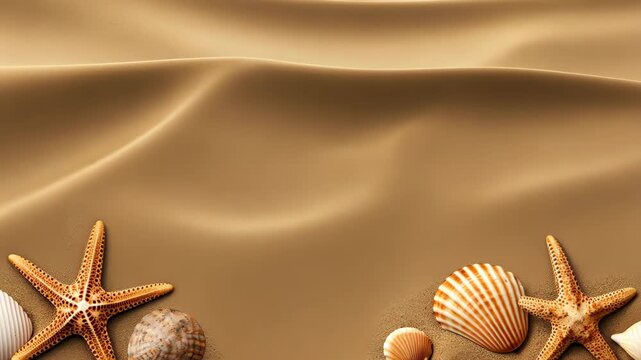 Seashells on Sand: Seashells and starfish scattered artfully against the texture of golden sand, evoking the serenity of the beach and the allure of ocean treasures.