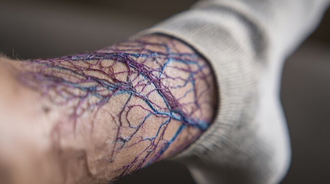 Severe varicose veins on leg with visible blue and purple blood vessels near sock line