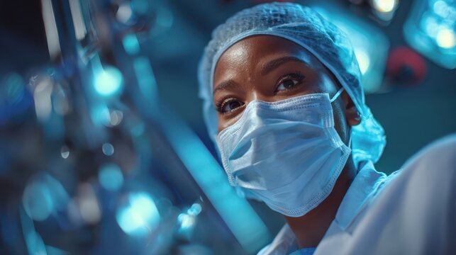 Closeup of Black female surgeon in mask and scrubs under surgical lights in operating room