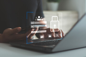 Man using laptop and smartphone with digital login verification interface, showing username, password and security lock icons, cybersecurity, data protection and online account authentication.