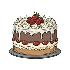 Layered chocolate cake with strawberries and whipped cream topping  