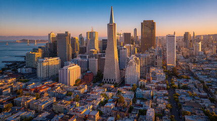 Fototapeta premium San Francisco city skyline at sunset panoramic view with iconic Transamerica Pyramid building and urban architecture along the bay waterfront in California