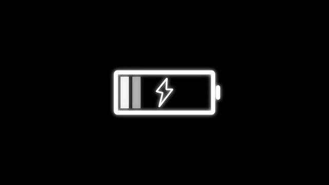 Battery icon animated video. Lightning blinking bolt symbo,Abstract battery fast charging animation in black background. Glowing animated battery icon