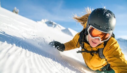 Female snowboarder carving a turn on a sunny mountain slope, kicking up fresh snow spray.
