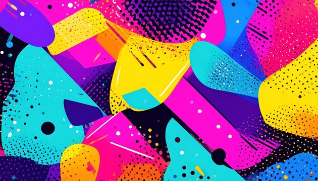 Vibrant abstract background with geometric shapes, polka dots, and neon colors