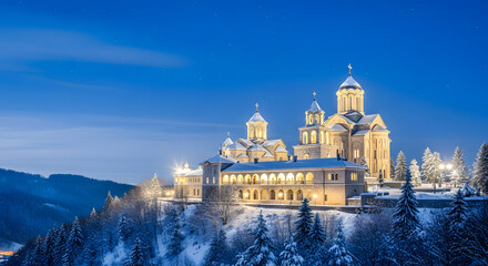 Obraz premium Snowy monastery illuminated at night in winter landscape for Orthodox Christmas 