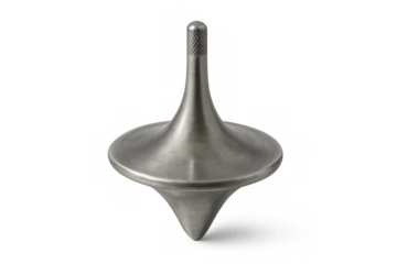 Metal spinning top toy with a textured handle, symbolizing momentum, equilibrium, risk, and a moment of choice