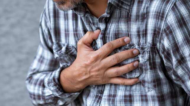 A man experiences discomfort, holding his chest in a concerned manner. This image reflects health awareness and emotional struggles associated with physical ailments. - Powered by Adobe