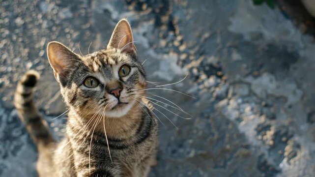 An attentive cat with a striped coat gazes upwards at something of interest.