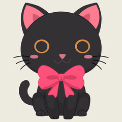Cute black cat with pink bow vector illustration, black cat vector for kids, adorable black cat vector art in kawaii style