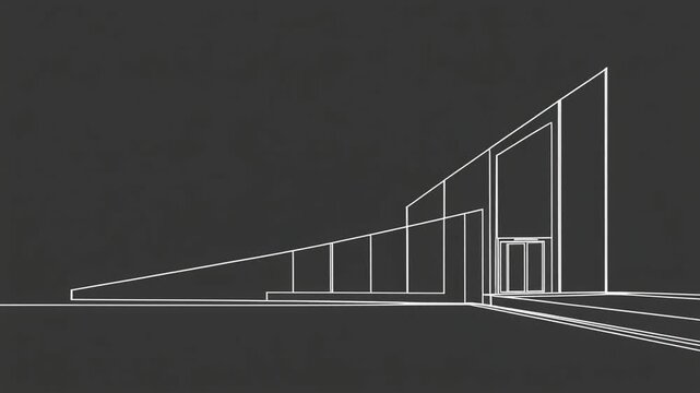 Abstract Architectural Blueprint Displaying White Lines and Geometric Structures Against a Dark Gray Background